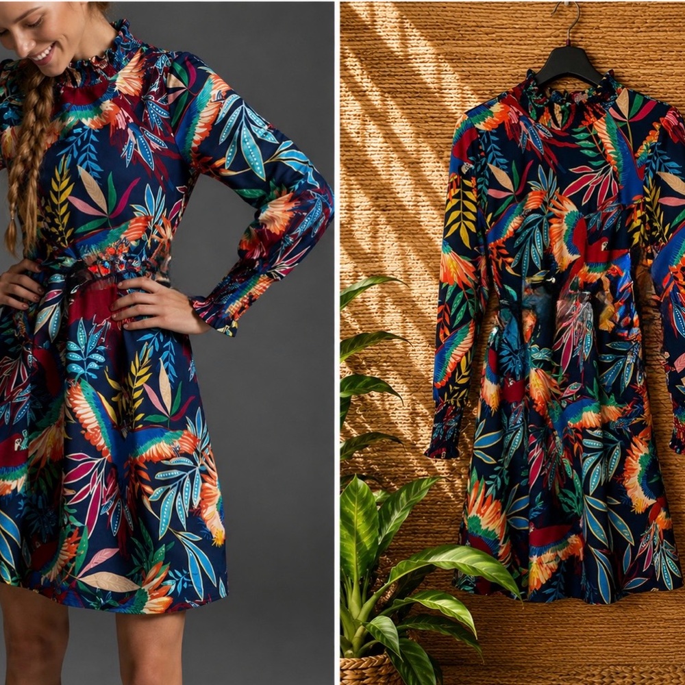 ANTHRO FARM RÍO AVES MINI DRESS smocked poplin lined bright bold color LARGE